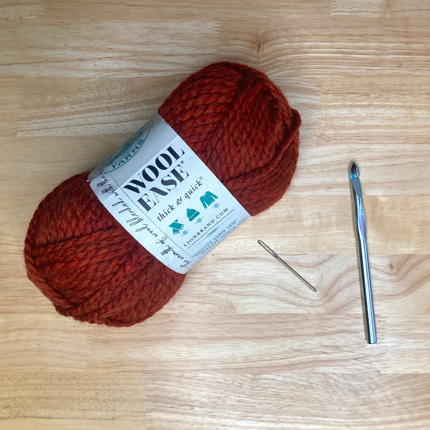 Collection of supplies: Skein of Lion Brand Wool Ease Thick and Quick, 9mm crochet hook, and darning needle